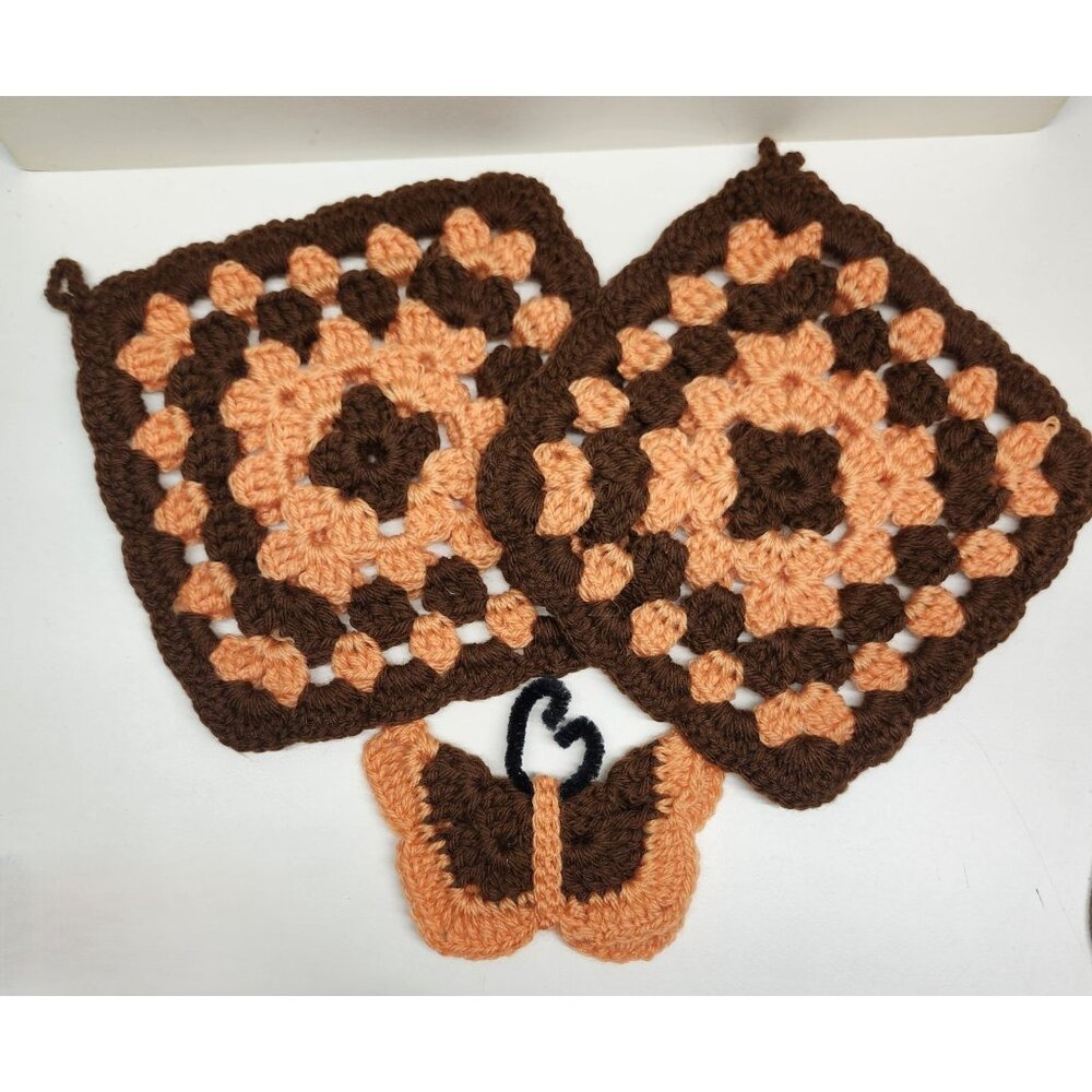 Handmade Crochet Pot Holders & Magnet Set Orange Brown Kitchen